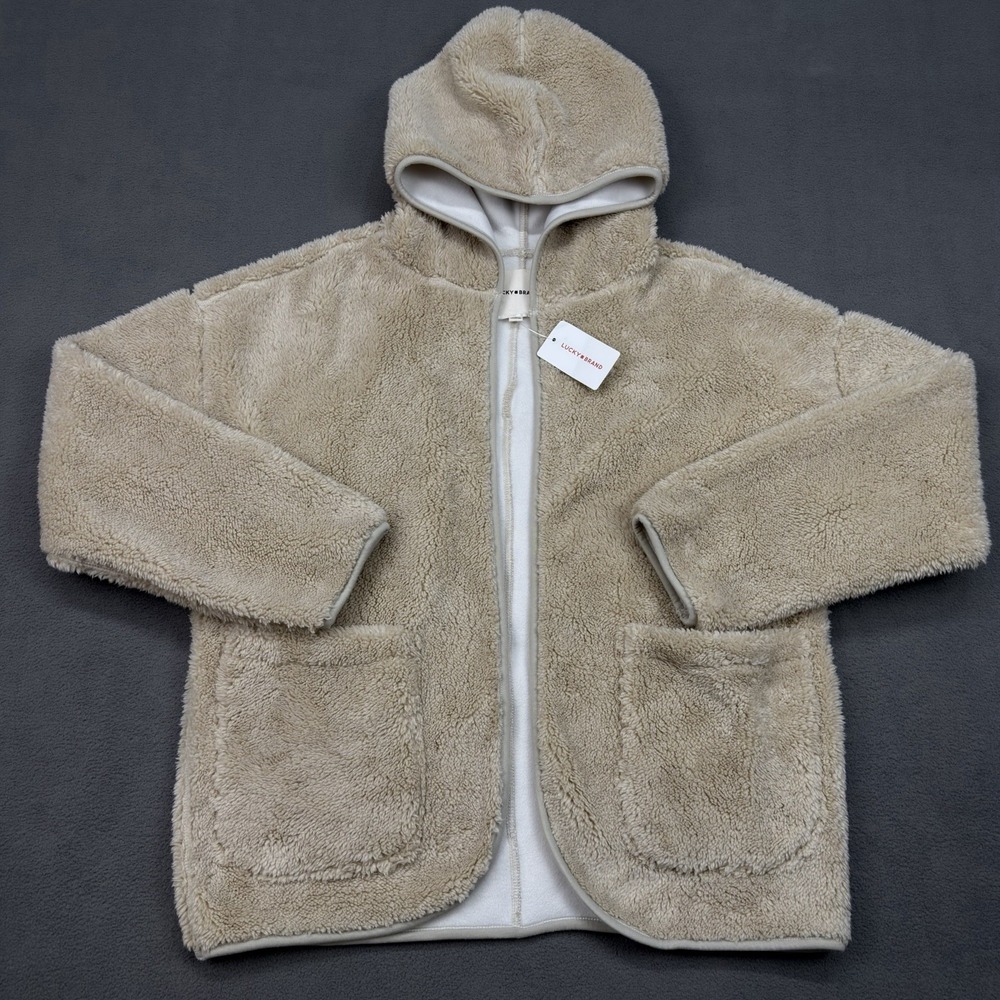 NWT Lucky Brand Tan Faux Fur Hooded‎ HI-PILE Cardiagn Women's Size Small $169
